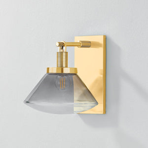 Mendon Wall Sconce in aged brass shown from a second angle to highlight the arm curve and shade silhouette.