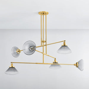 Mendon Chandelier in aged brass shown from a second angle to highlight the frame, arms, and shade detail.