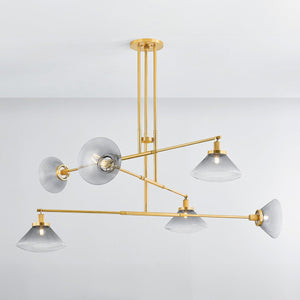 Mendon Chandelier in aged brass shown from the front to reveal the frame, arms, and shade detail.