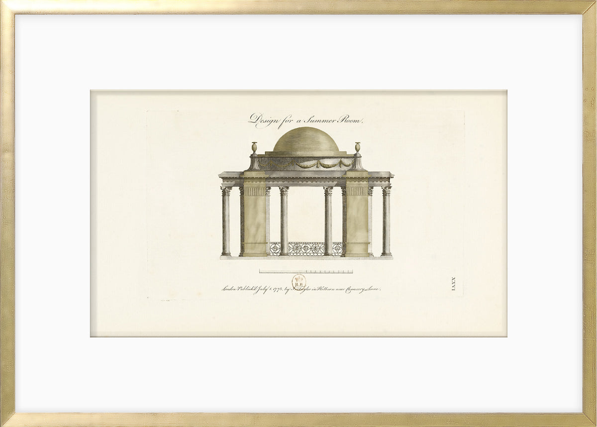 Engraving – Summer Room, 1778 by Celadon, featuring a domed structure with columns and decorative details.
