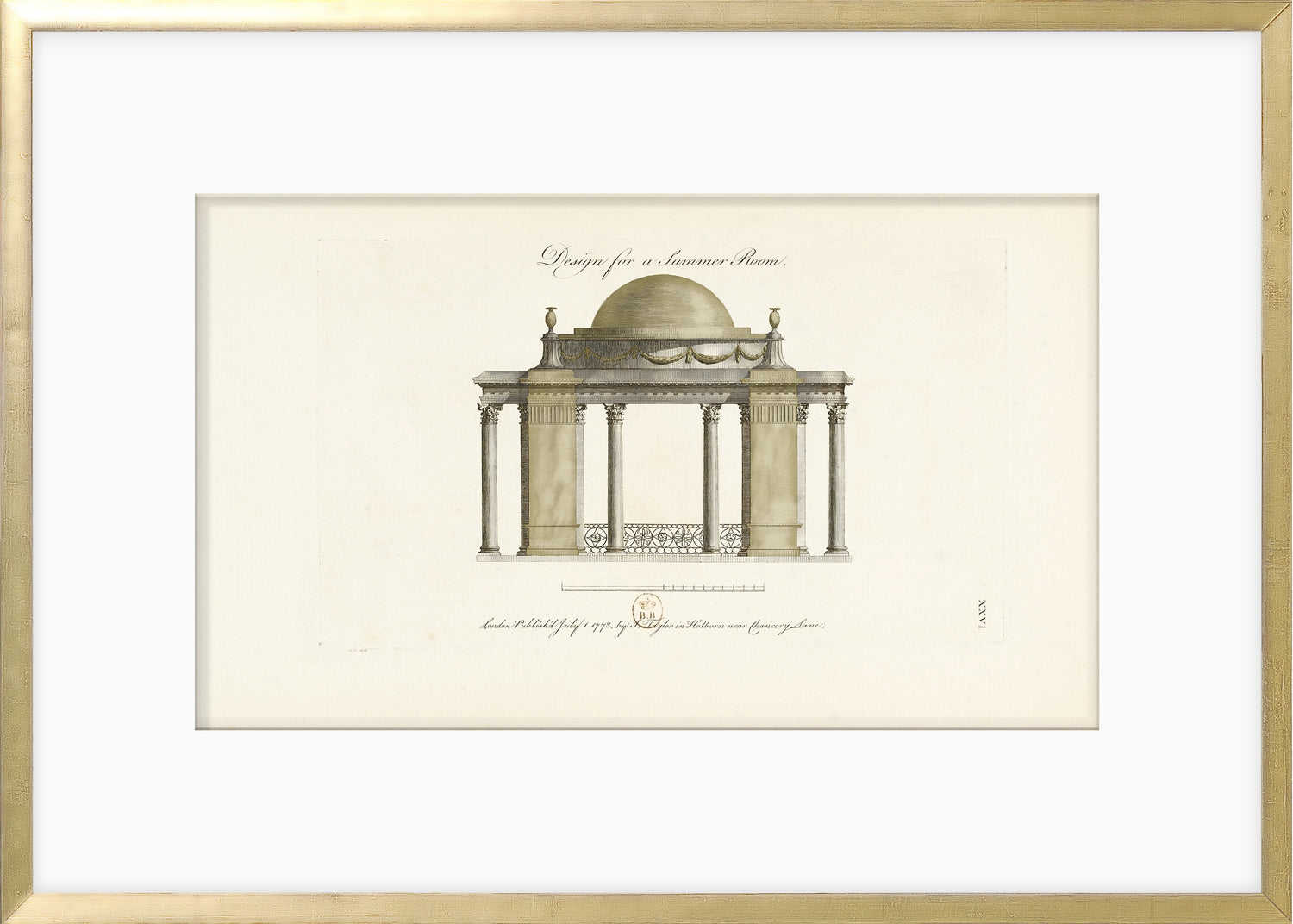 Engraving – Summer Room, 1778 by Celadon, featuring a domed structure with columns and decorative details.