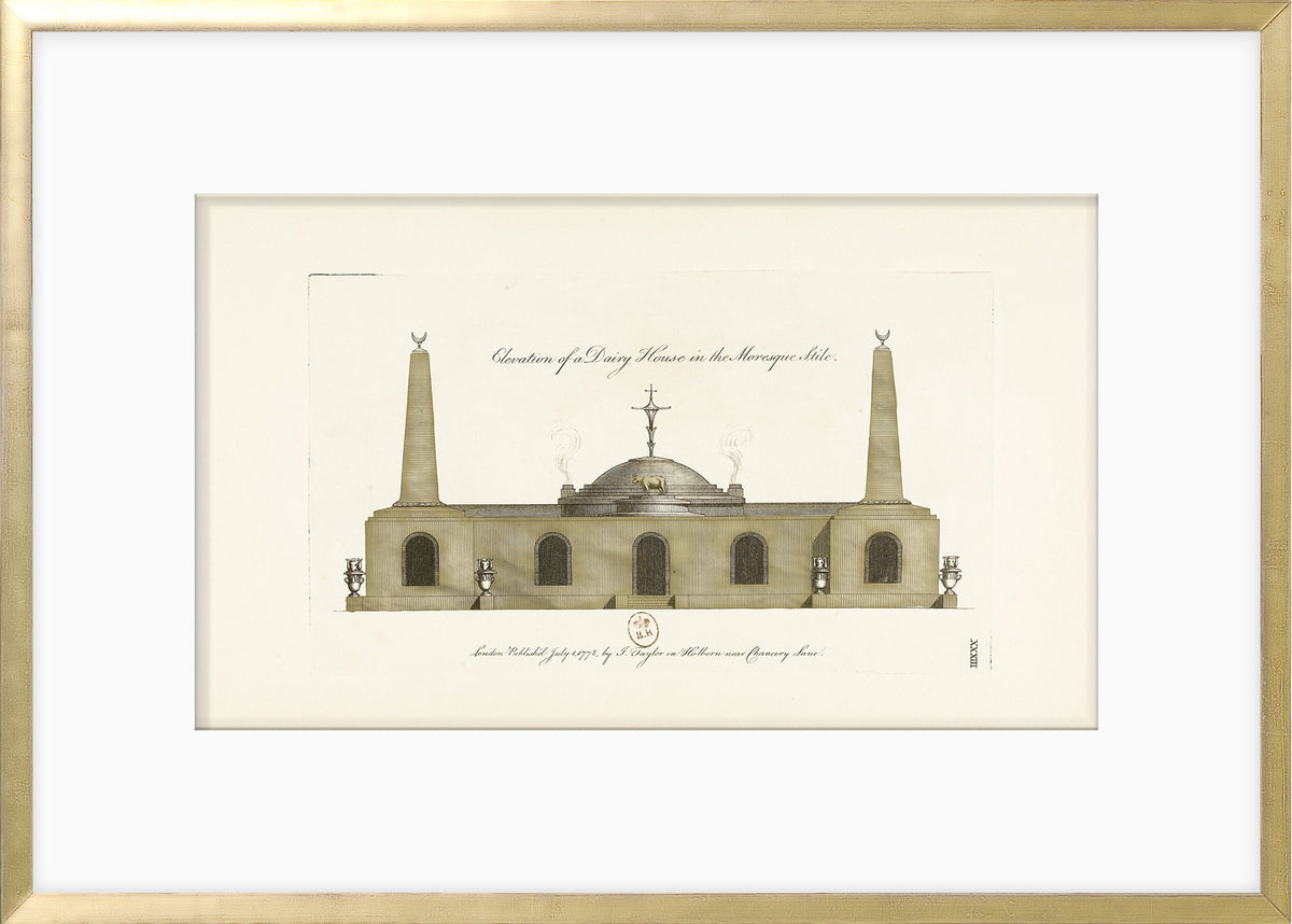 Engraving – Dairy House, 1778 by Celadon, depicting a historic building with domes and spires.