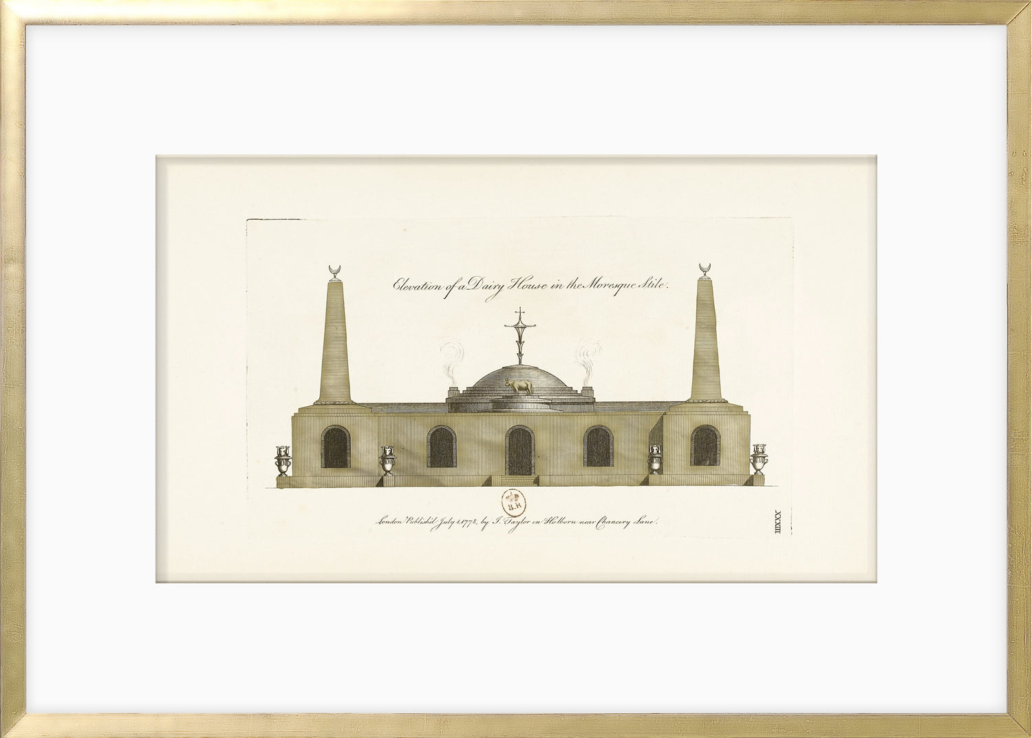 Engraving – Dairy House, 1778 by Celadon, depicting a historic building with domes and spires.