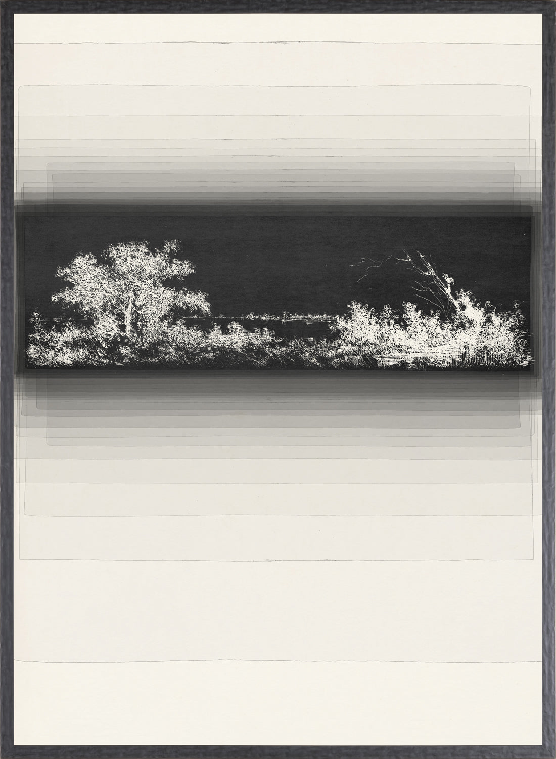 Evanescent II wall art featuring a monochromatic landscape with trees and a gradient background.