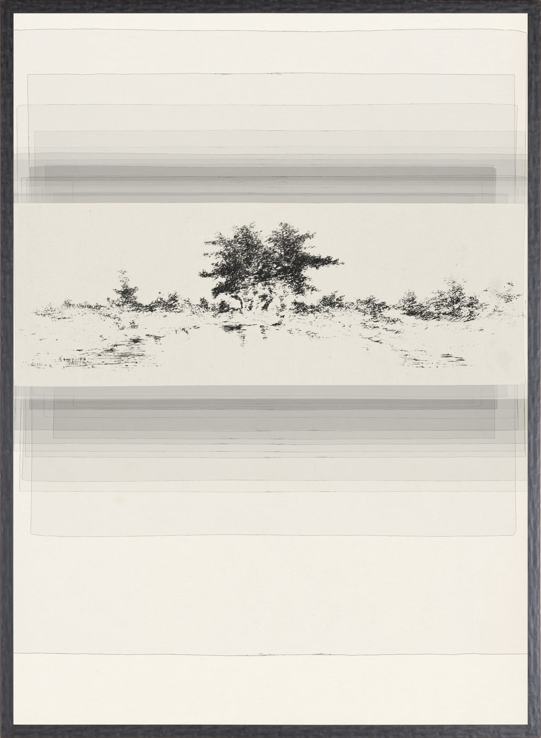 Evanescent III wall art featuring a monochrome landscape with trees and layered textures.