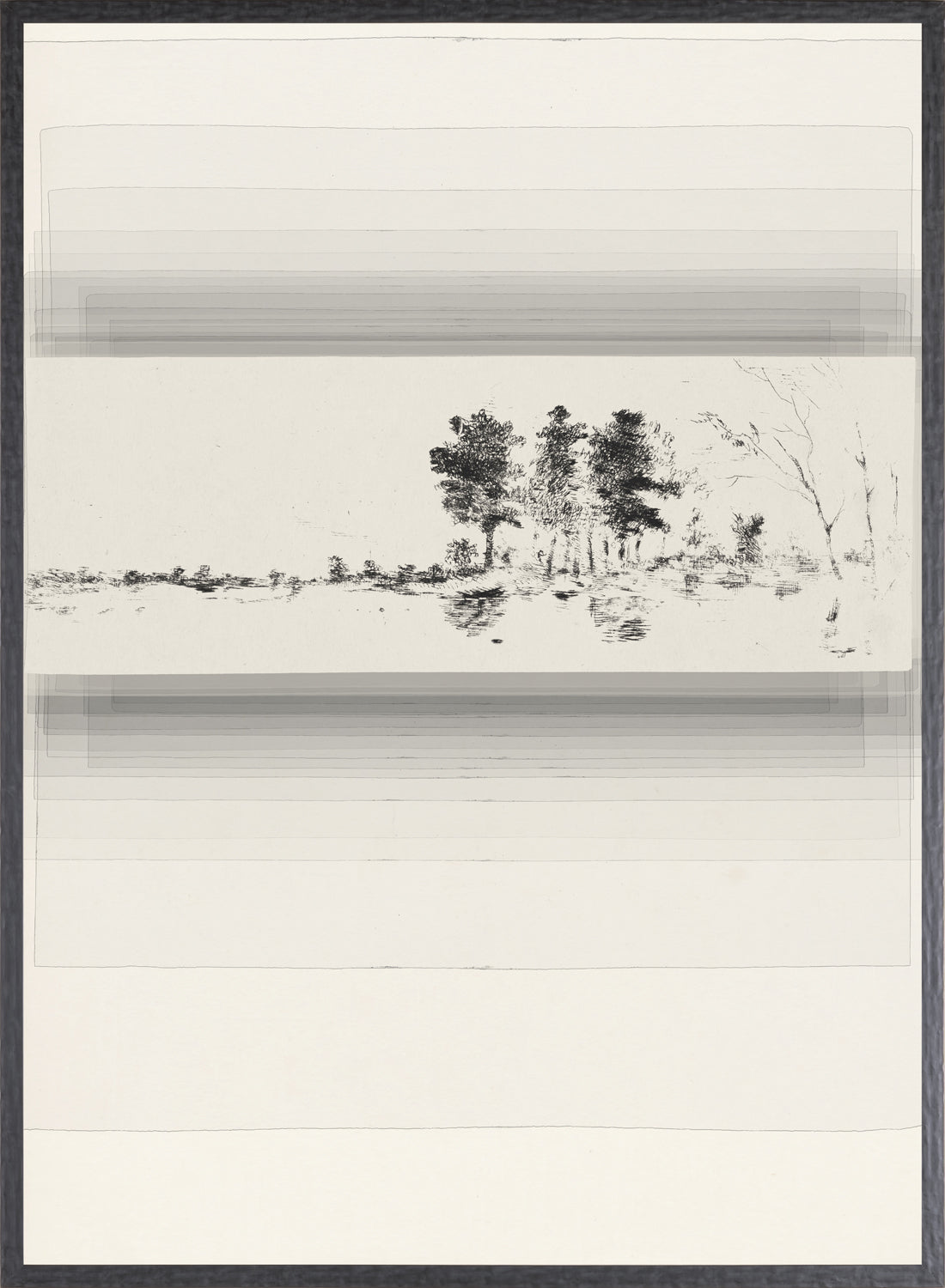 Evanescent IV wall art featuring a monochrome landscape with trees and soft gradients.