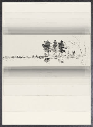 Evanescent IV wall art featuring a monochrome landscape with trees and soft gradients.