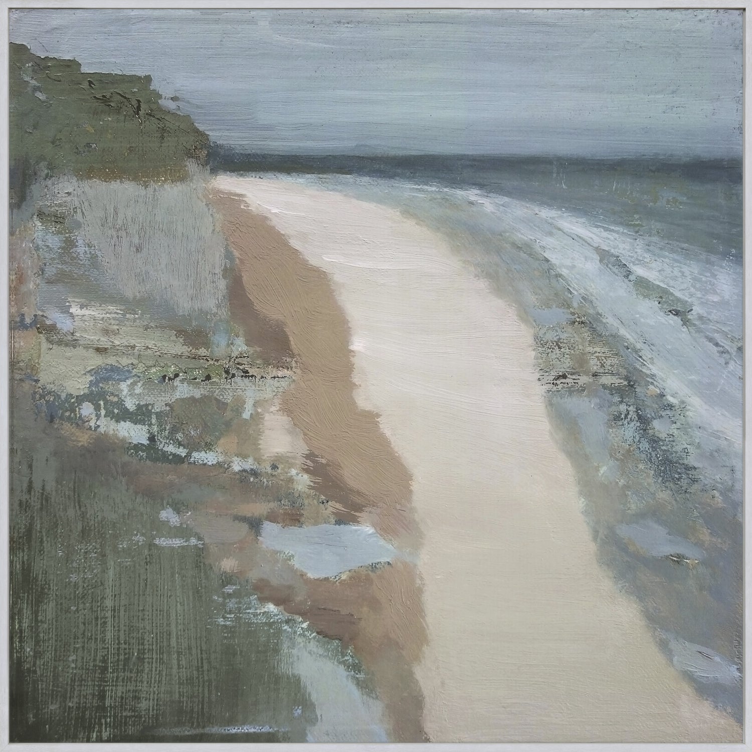Covehithe wall art featuring a coastal landscape with a sandy beach, muted colors, and soft brush strokes.
