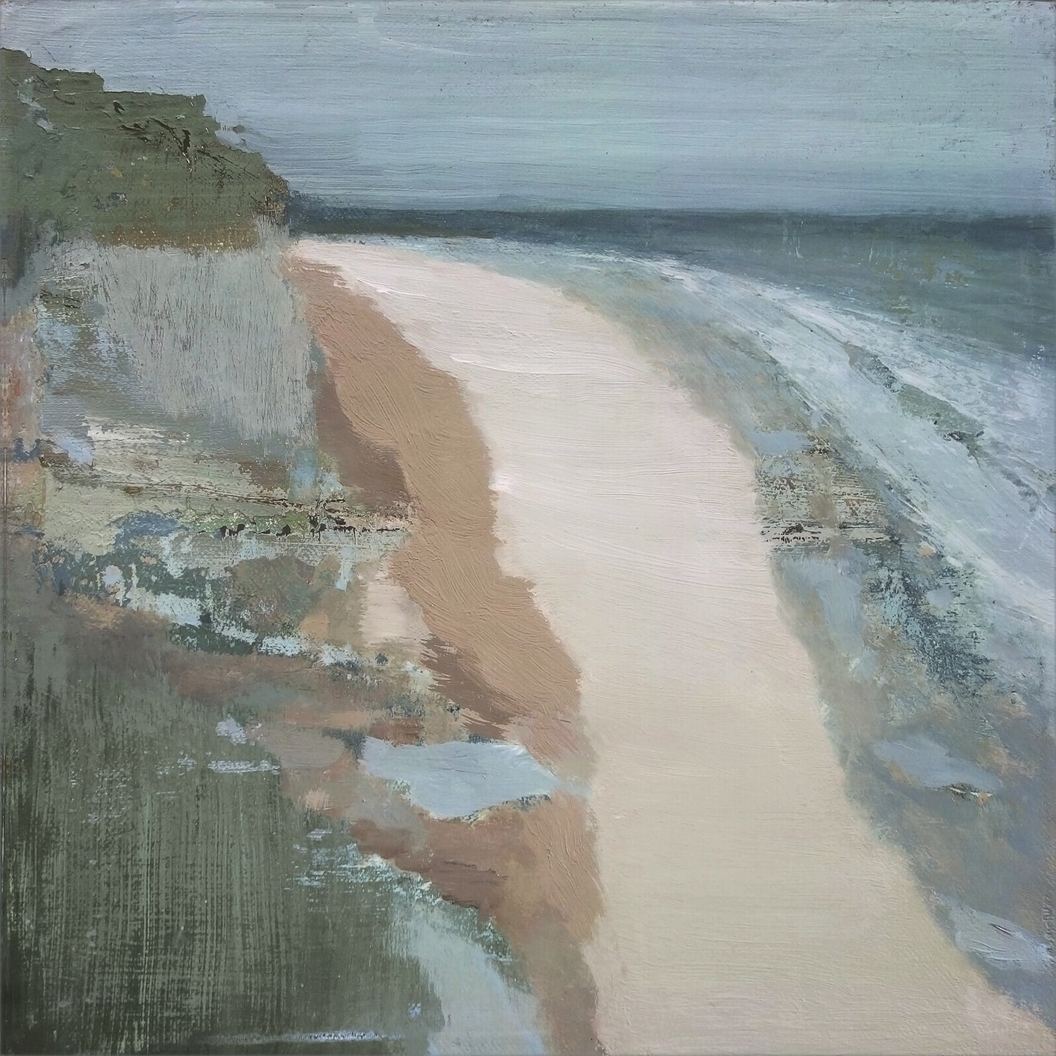 Covehithe wall art featuring a coastal landscape with a sandy beach, muted colors, and soft brush strokes.
