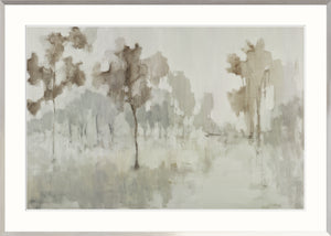 Nature’s Splendor wall art featuring abstract trees in soft beige and gray tones, framed in light wood.