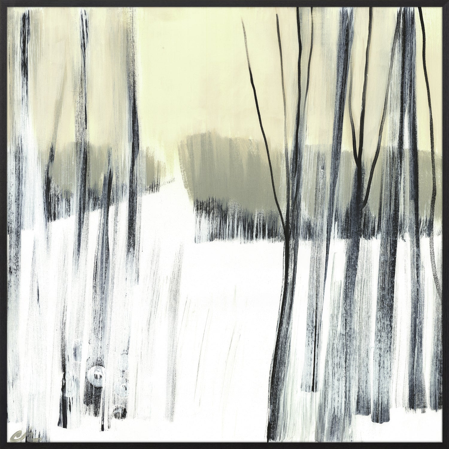 Winter Woods II wall art featuring abstract trees in black and white with a soft beige background