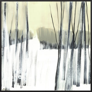 Winter Woods II wall art featuring abstract trees in black and white with a soft beige background