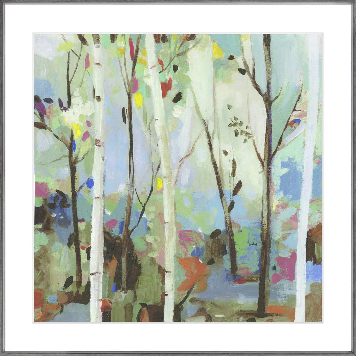 Birchwood Forest wall art featuring abstract birch trees in soft pastel colors