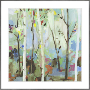 Birchwood Forest wall art featuring abstract birch trees in soft pastel colors