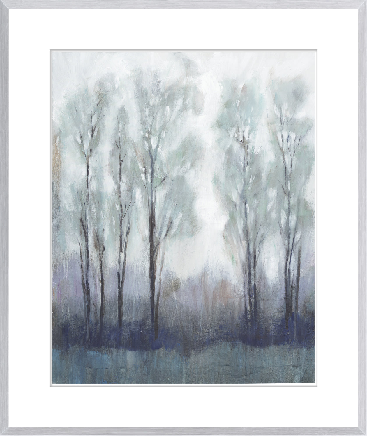 Through the Clearing II wall art featuring soft gray trees against a light background, framed in white.