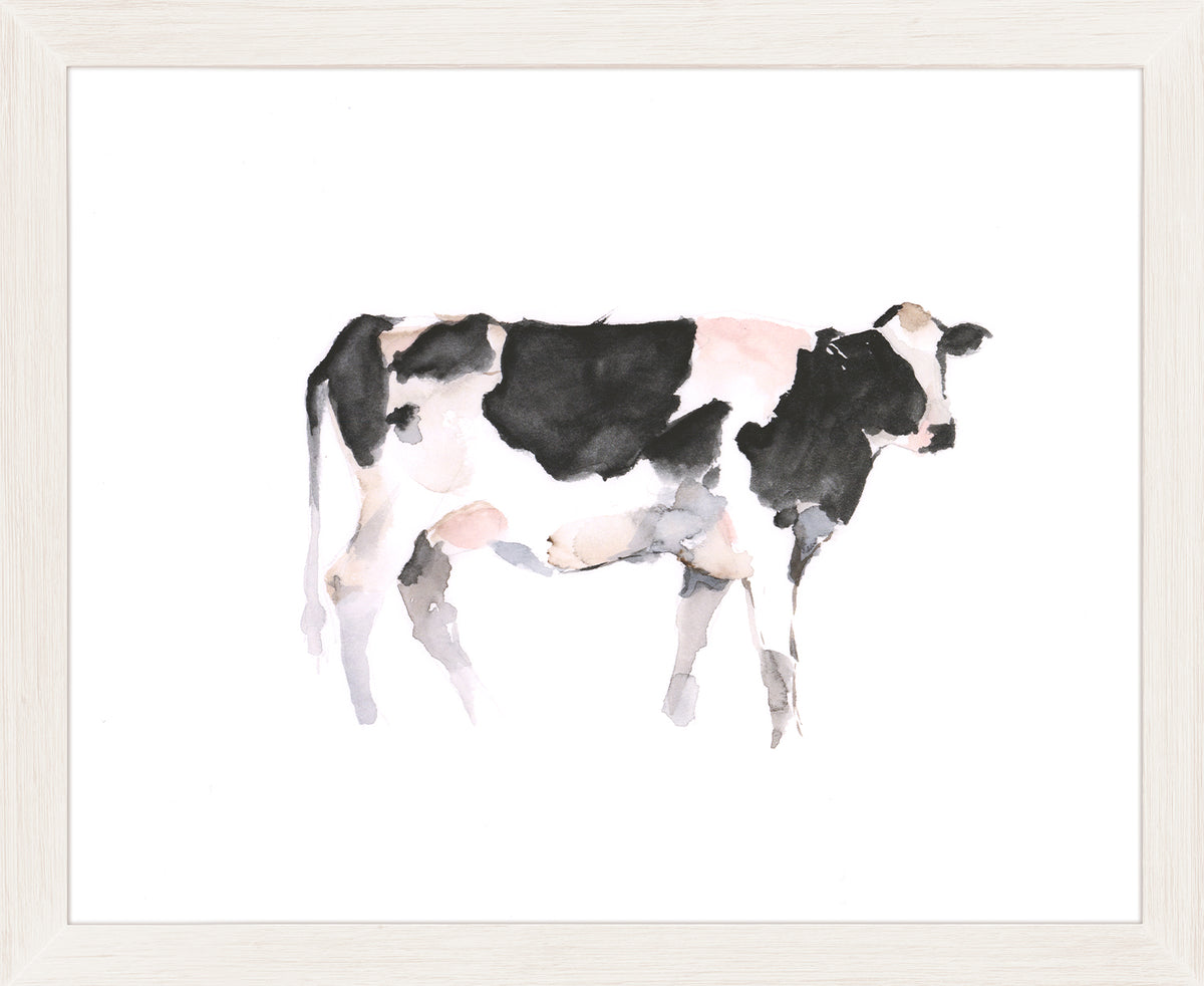Farm Animal Study II wall art featuring a watercolor cow in black and white.