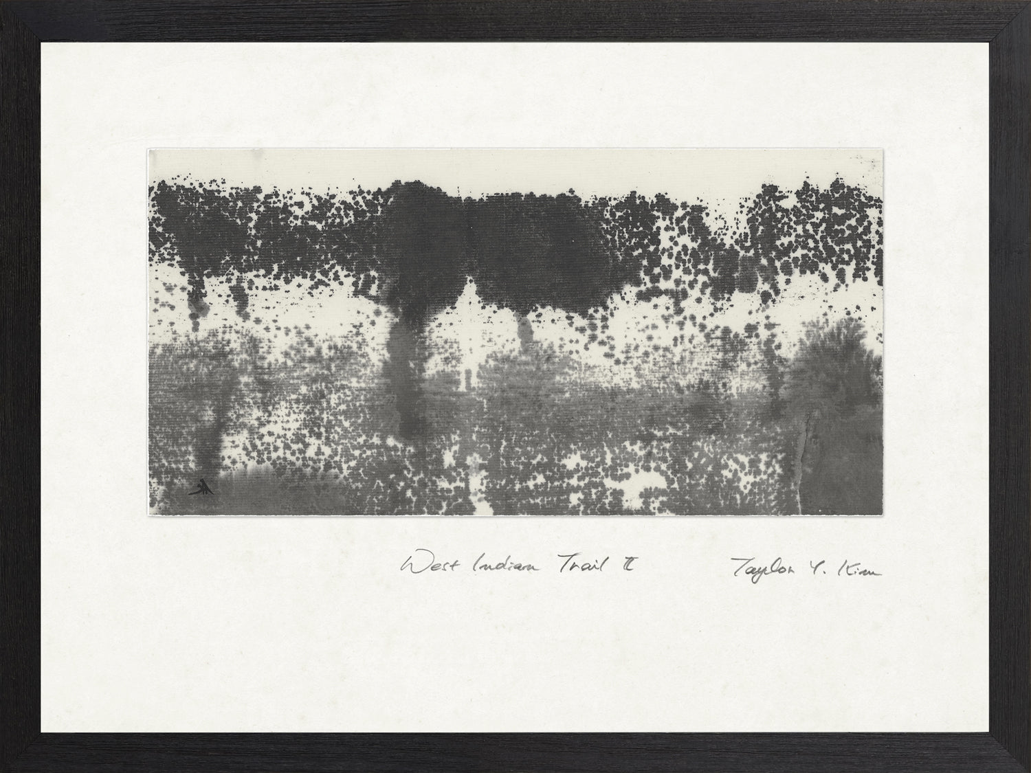 West Indian Trail II wall art featuring abstract black and white design with textured patterns.