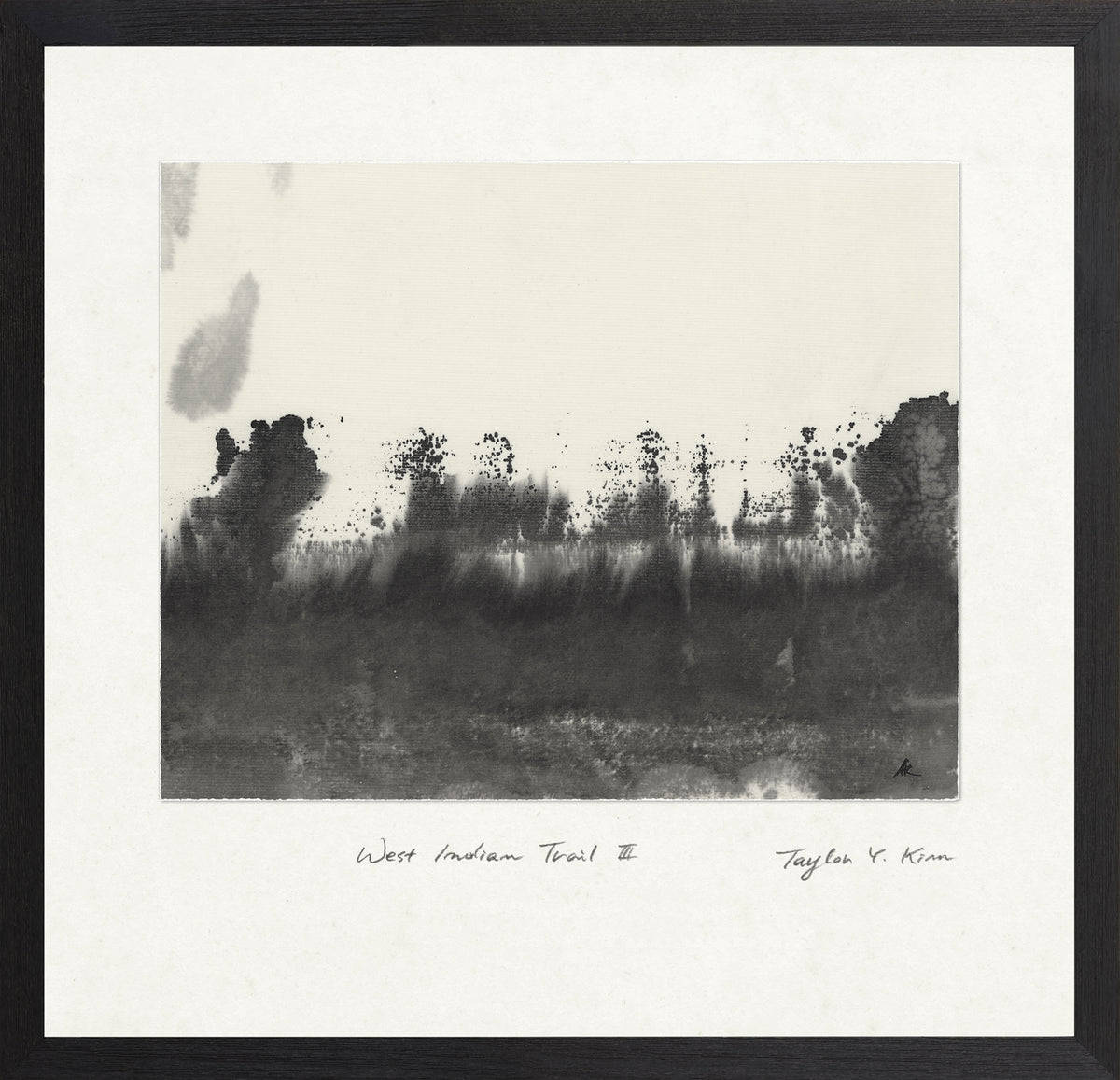 West Indian Trail III wall art featuring abstract black ink design on white background, framed in black.