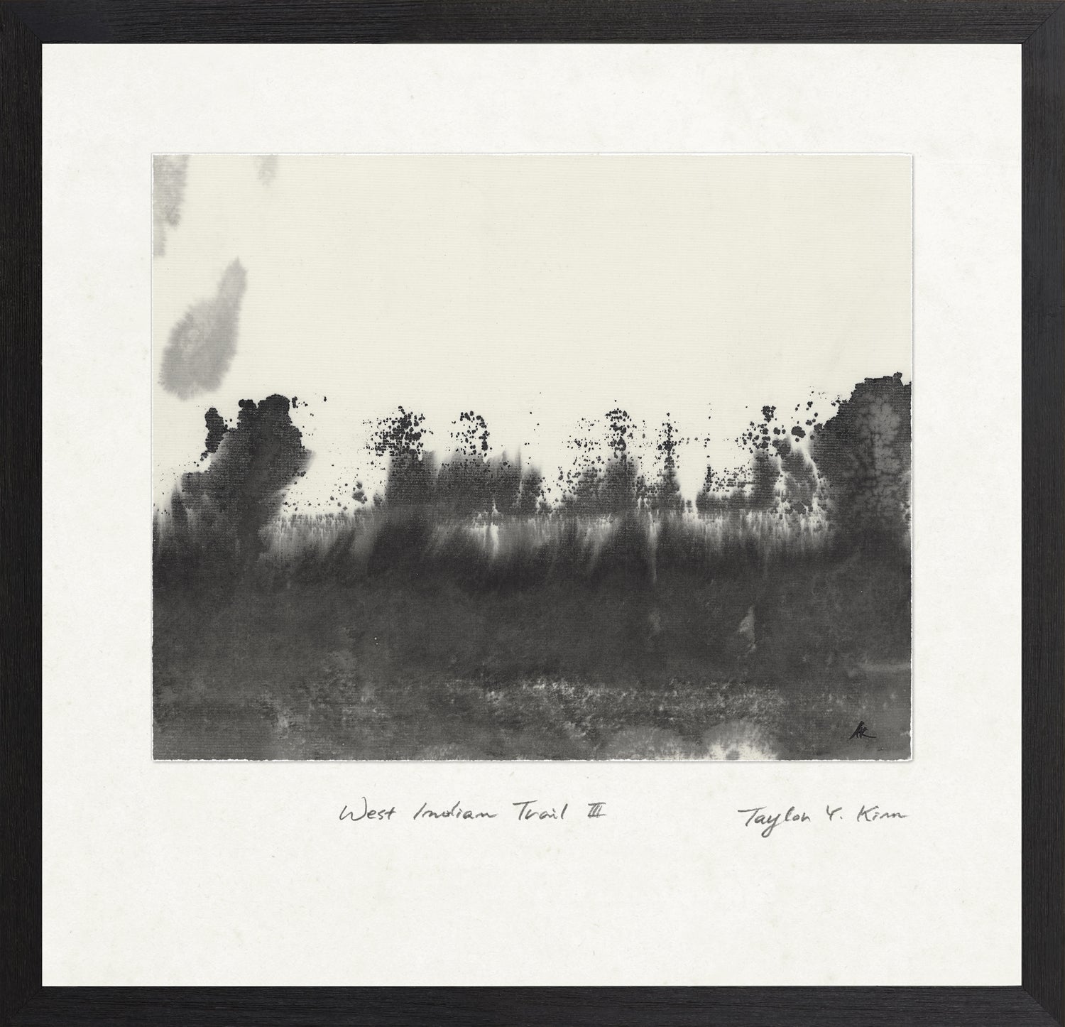 West Indian Trail III wall art featuring abstract black ink design on white background, framed in black.