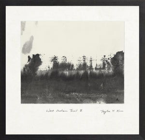 West Indian Trail III wall art featuring abstract black ink design on white background, framed in black.