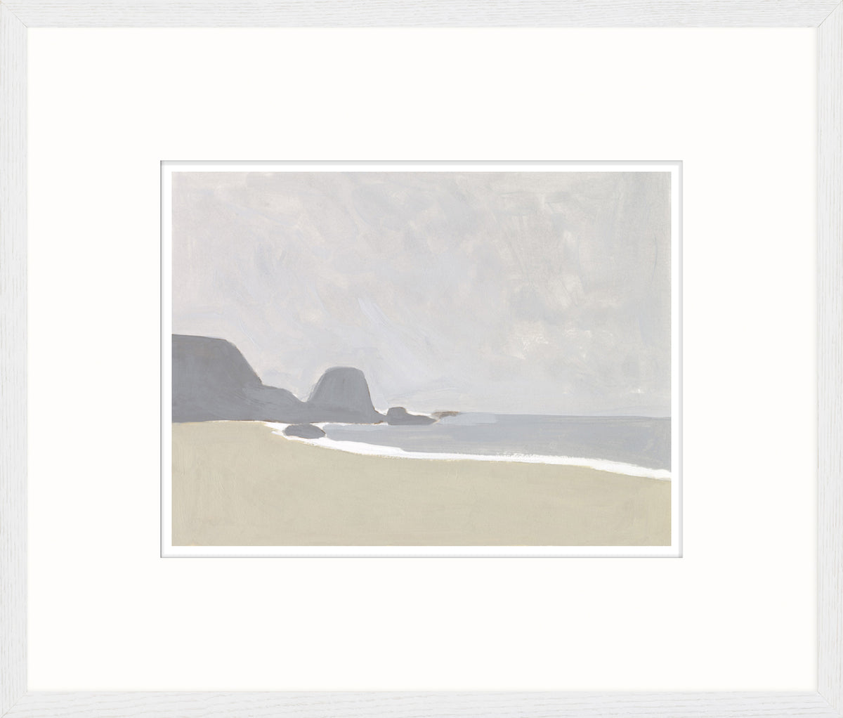Coastal Planes III wall art featuring a serene beach scene with soft gray tones and gentle waves.