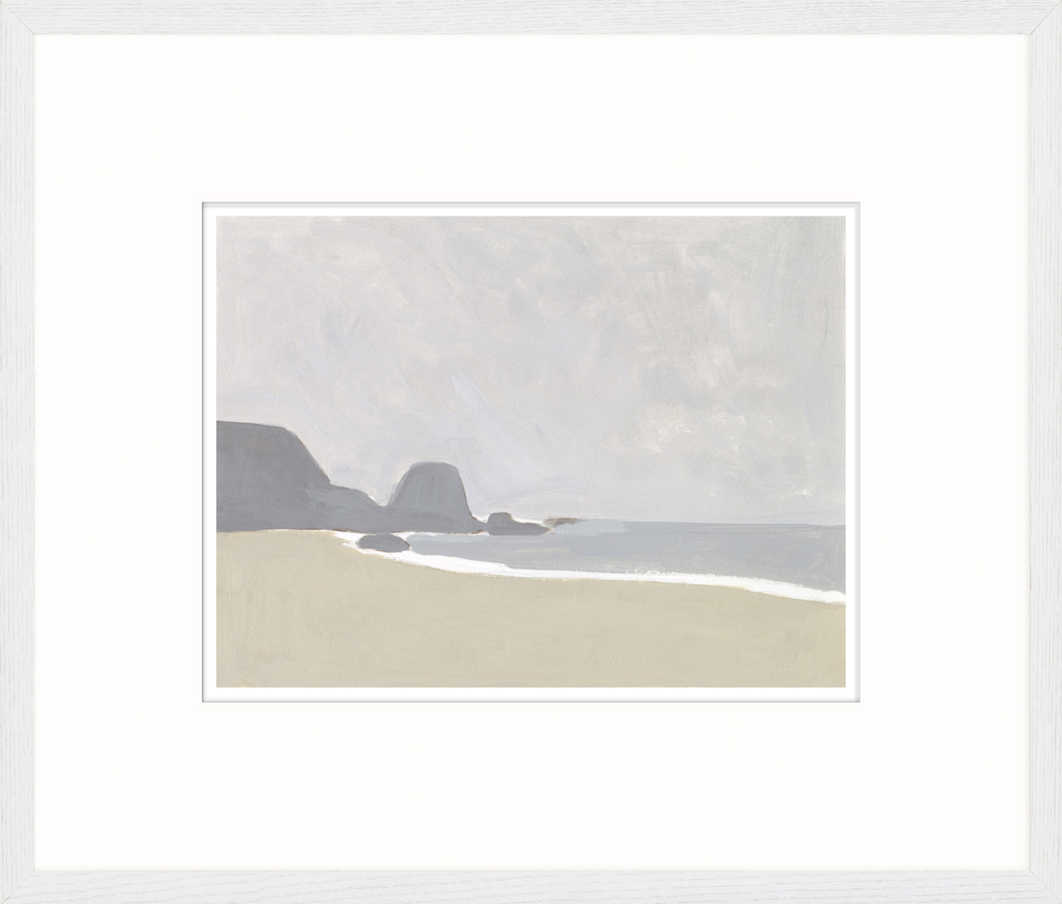 Coastal Planes III wall art featuring a serene beach scene with soft gray tones and gentle waves.