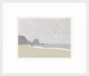 Coastal Planes III wall art featuring a serene beach scene with soft gray tones and gentle waves.