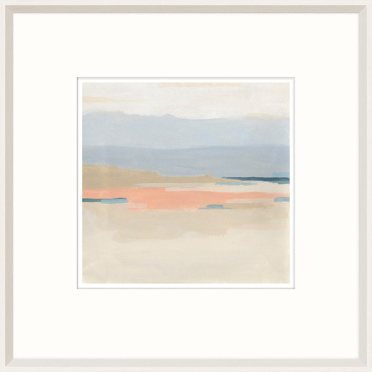Coastal Calm II wall art featuring soft pastel colors and abstract landscape design in a white frame.