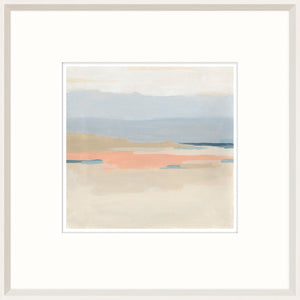 Coastal Calm II wall art featuring soft pastel colors and abstract landscape design in a white frame.