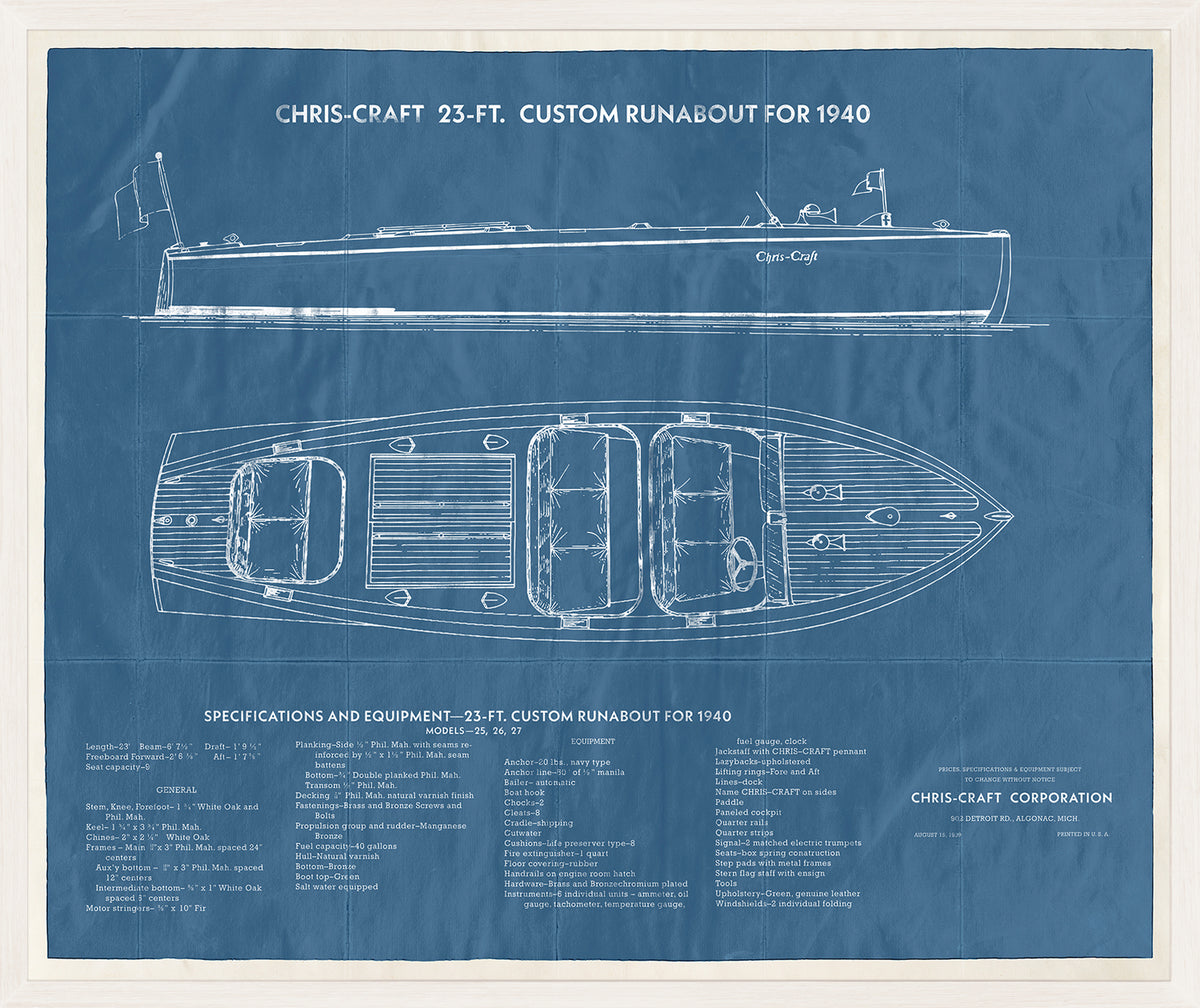 Custom Runabout wall art featuring a blueprint design in blue, showcasing a 23-ft Chris-Craft boat.
