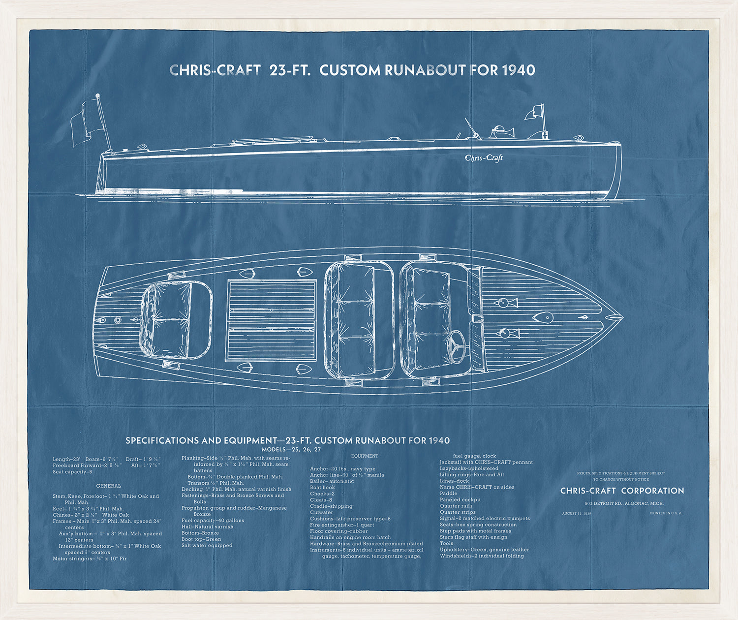 Custom Runabout wall art featuring a blueprint design in blue, showcasing a 23-ft Chris-Craft boat.