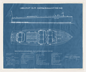 Custom Runabout wall art featuring a blueprint design in blue, showcasing a 23-ft Chris-Craft boat.