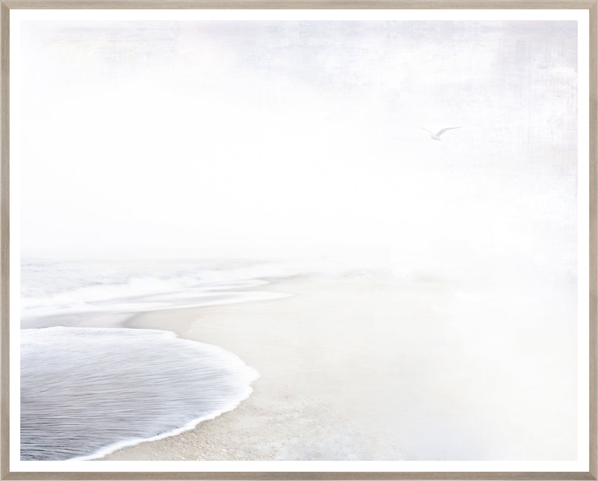 Receding Tide wall art featuring a serene beach scene with soft waves and a light sky.