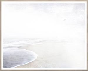Receding Tide wall art featuring a serene beach scene with soft waves and a light sky.