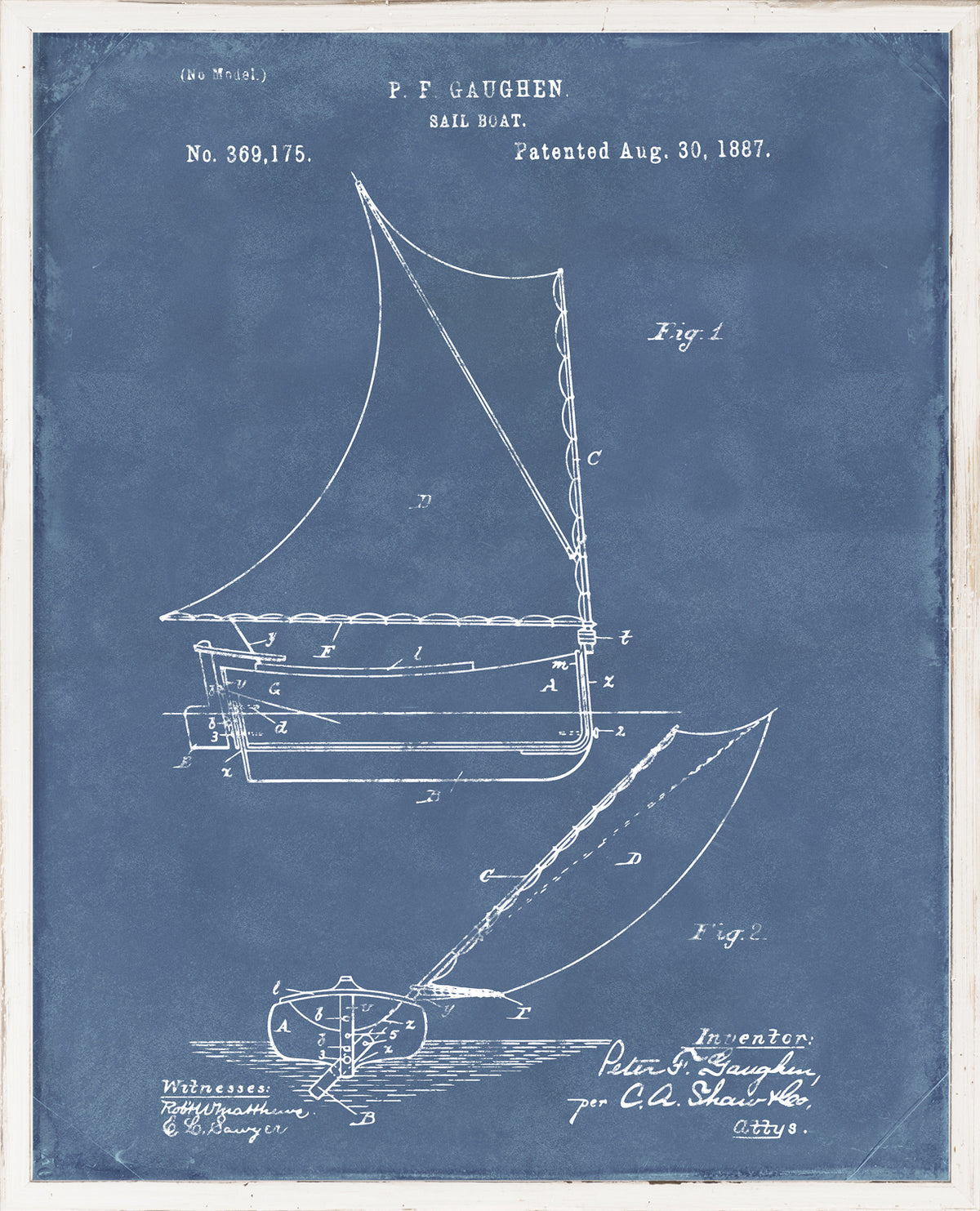 Patent Sailboat wall art featuring a vintage design on a blue background with white sketches.