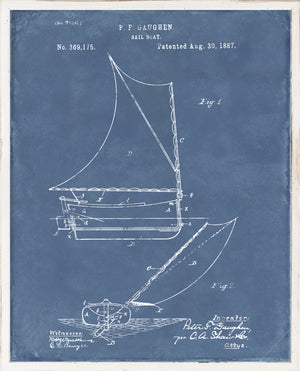 Patent Sailboat wall art featuring a vintage design on a blue background with white sketches.