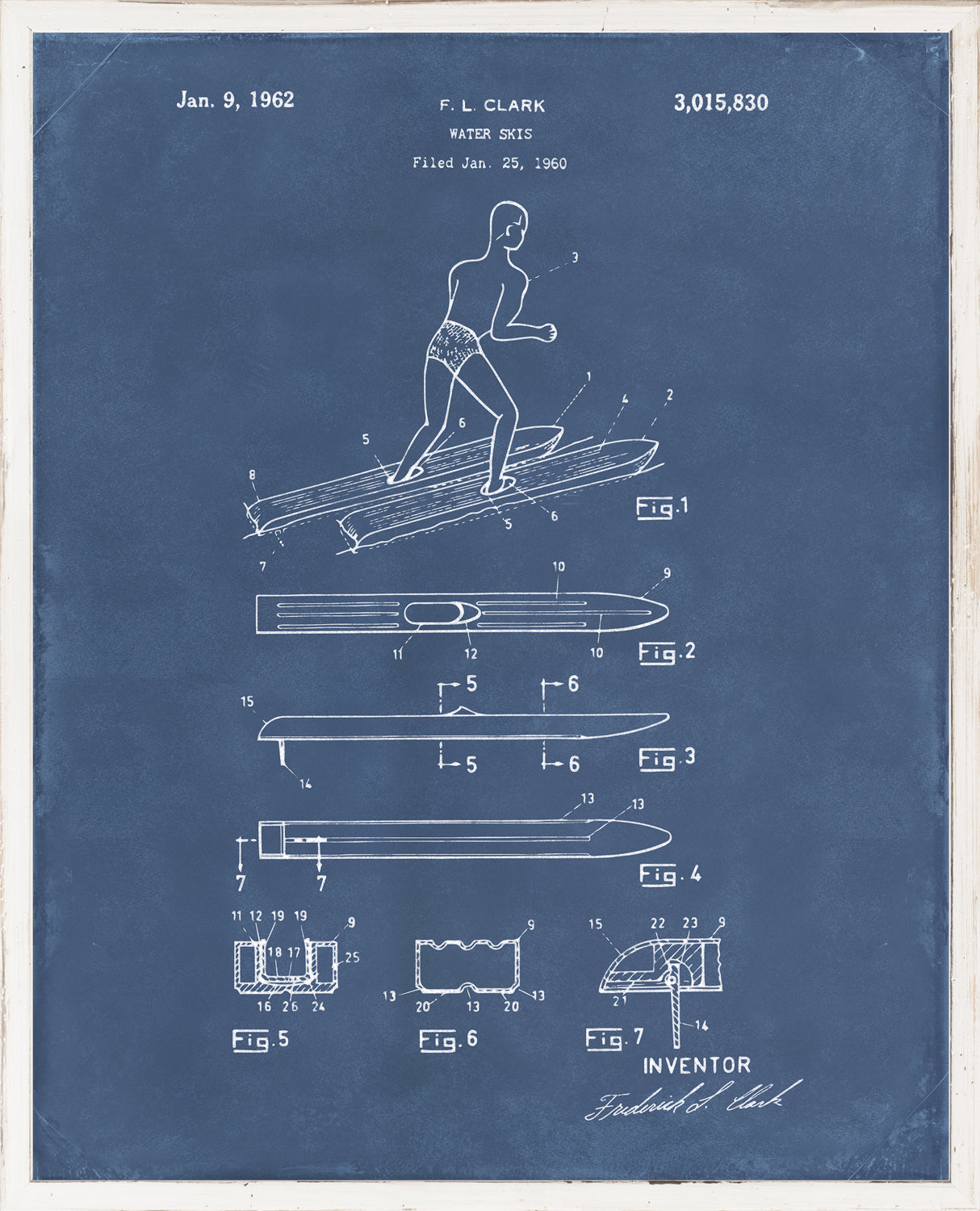 Patent wall art featuring water skis design in white on blue background