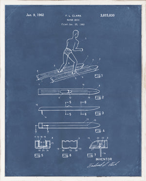 Patent wall art featuring water skis design in white on blue background
