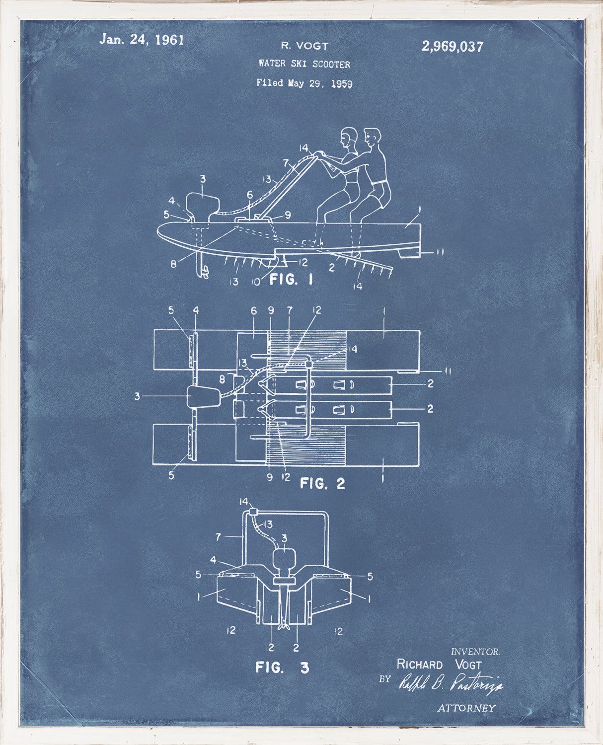 Patent for Water Ski Scooter by R. Vogt, featuring detailed diagrams on a blue background.
