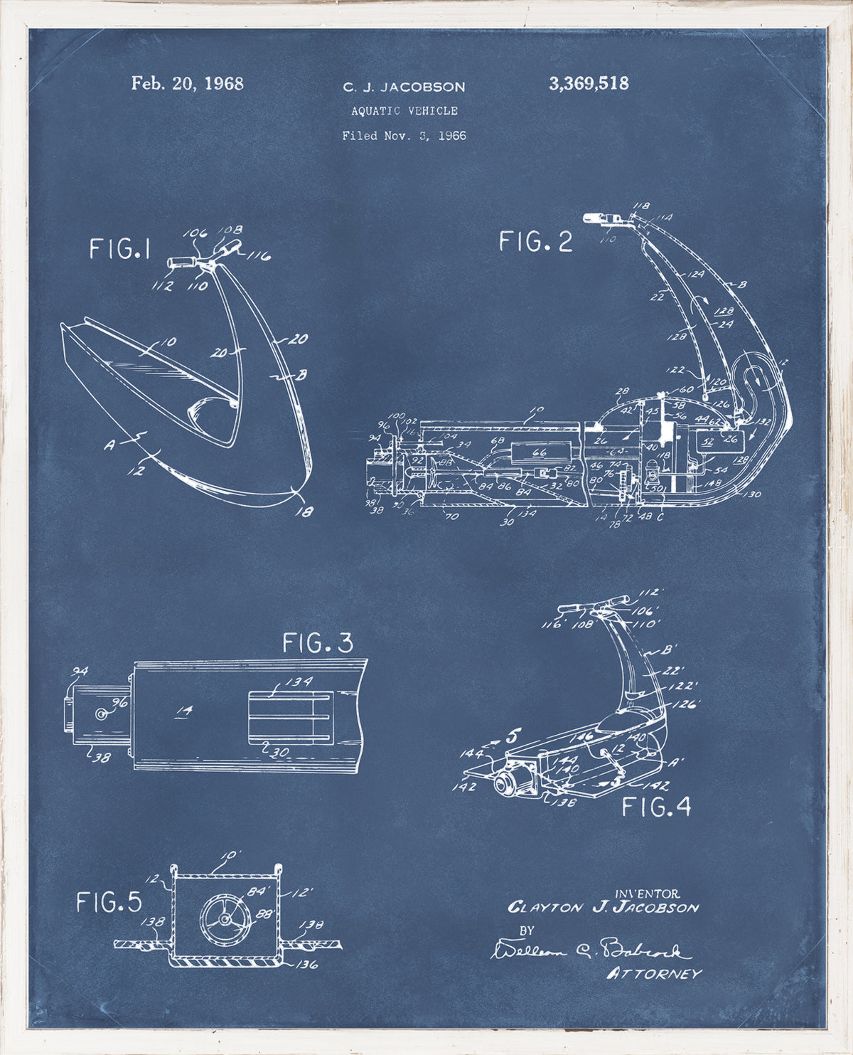 Patent wall art featuring blueprints of an aquatic vehicle by C.J. Jacobson, detailed sketches on a blue background.