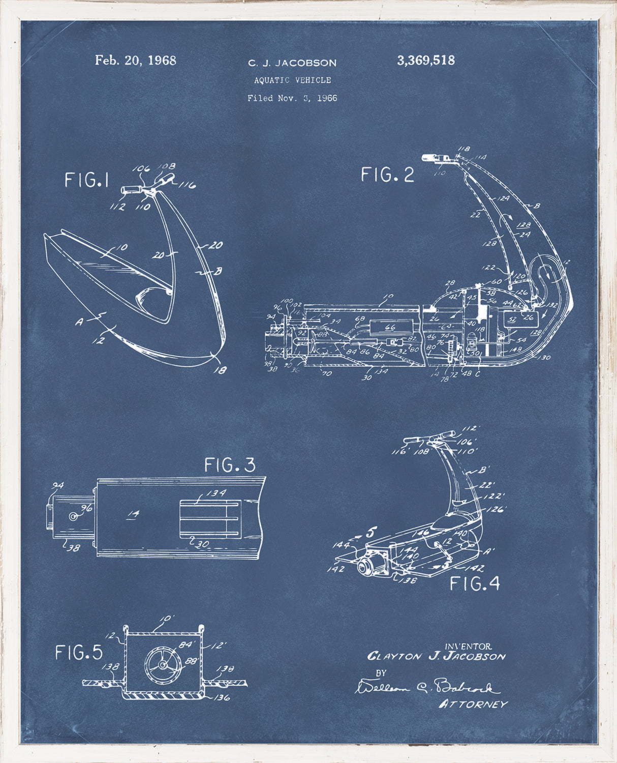 Patent wall art featuring blueprints of an aquatic vehicle by C.J. Jacobson, detailed sketches on a blue background.