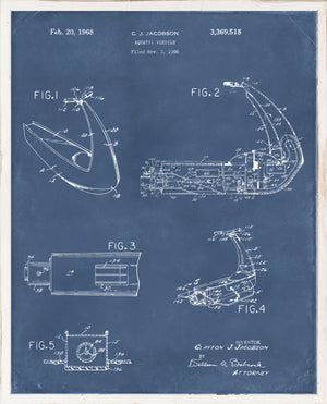 Patent wall art featuring blueprints of an aquatic vehicle by C.J. Jacobson, detailed sketches on a blue background.