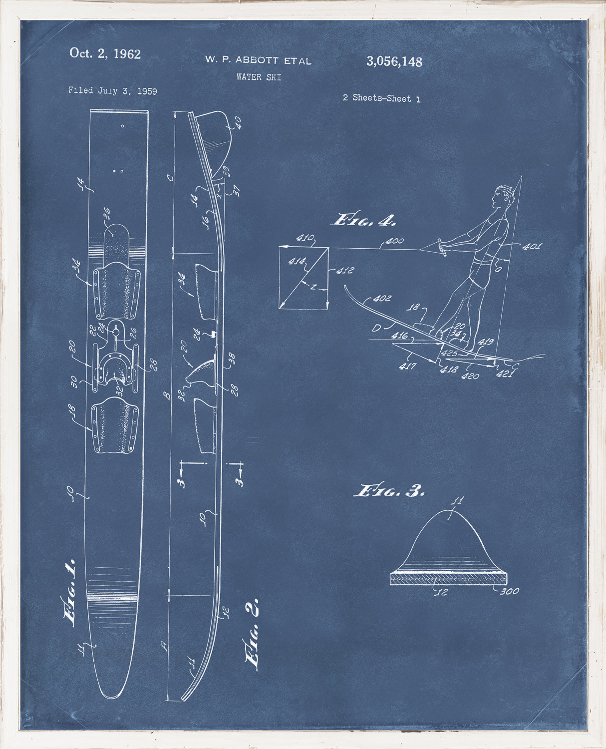 Patent – Water Ski II wall art featuring a blueprint design in blue with water ski illustrations and measurements.