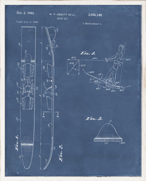 Patent – Water Ski II wall art featuring a blueprint design in blue with water ski illustrations and measurements.