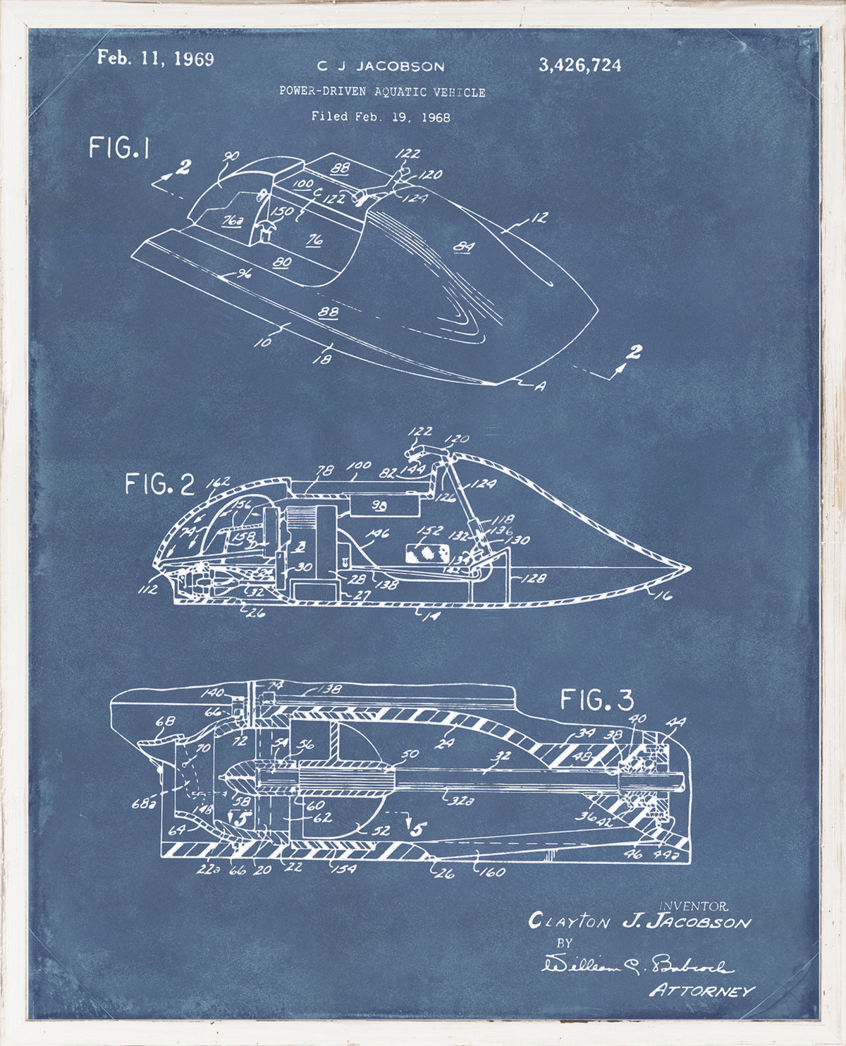 Patent drawing of a power-driven aquatic vehicle with blue background and white sketches.