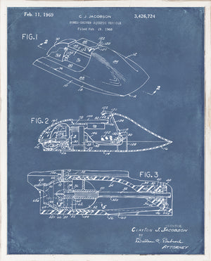 Patent drawing of a power-driven aquatic vehicle with blue background and white sketches.