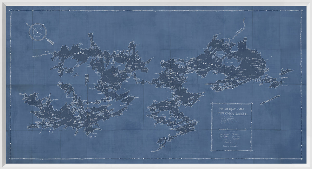 Motorboat Guide of Muskoka Lakes map in blue with white details and text