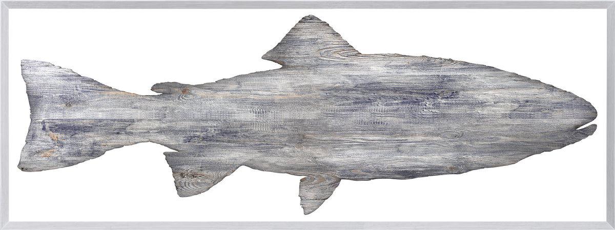 Driftwood Trout wall art featuring a rustic fish design in gray wood texture