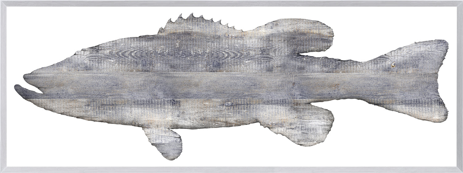 Driftwood Bass wall art featuring a rustic fish silhouette in gray wood texture.