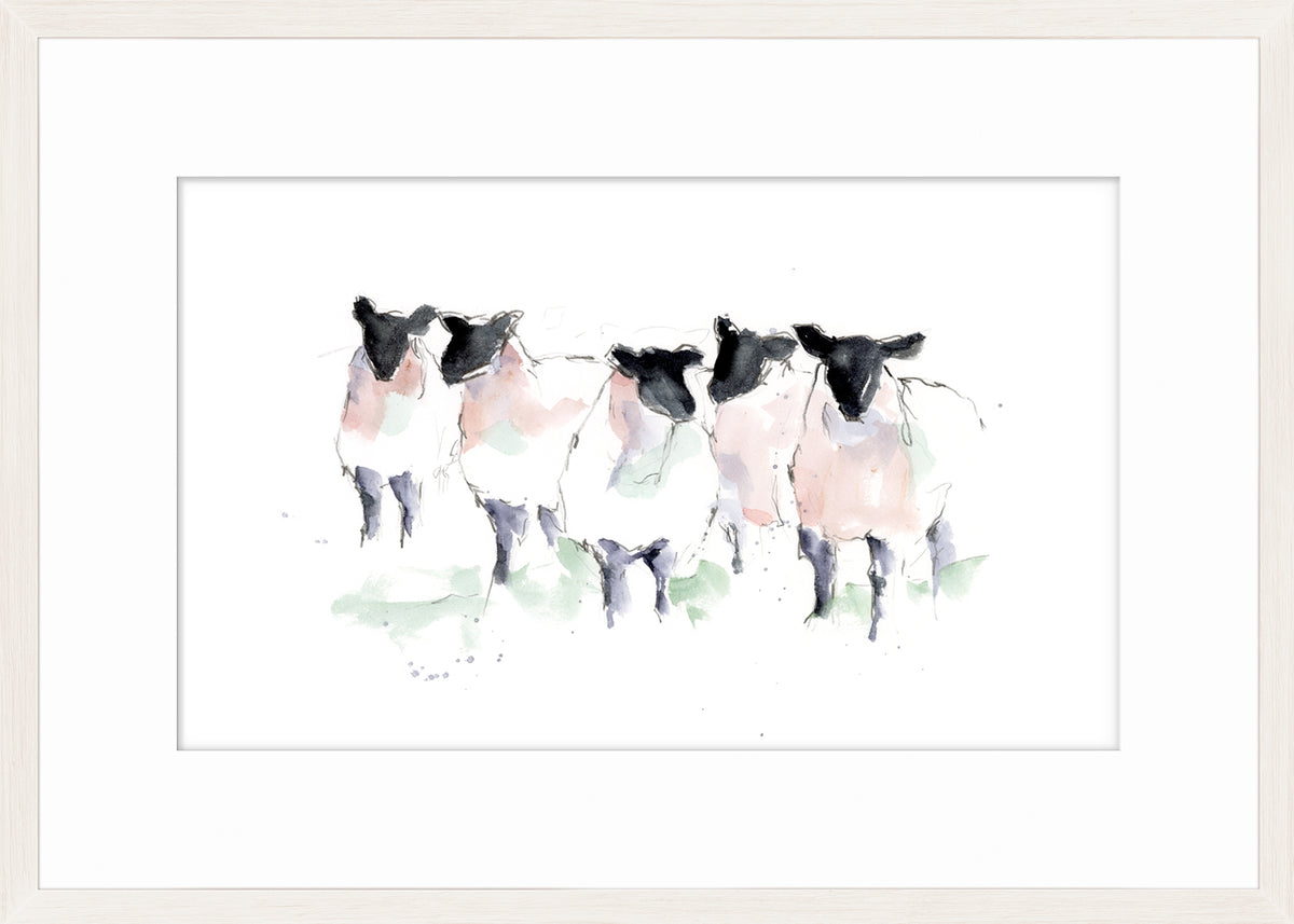 Watercolour Sheep I wall art featuring five sheep with black heads and soft pastel bodies